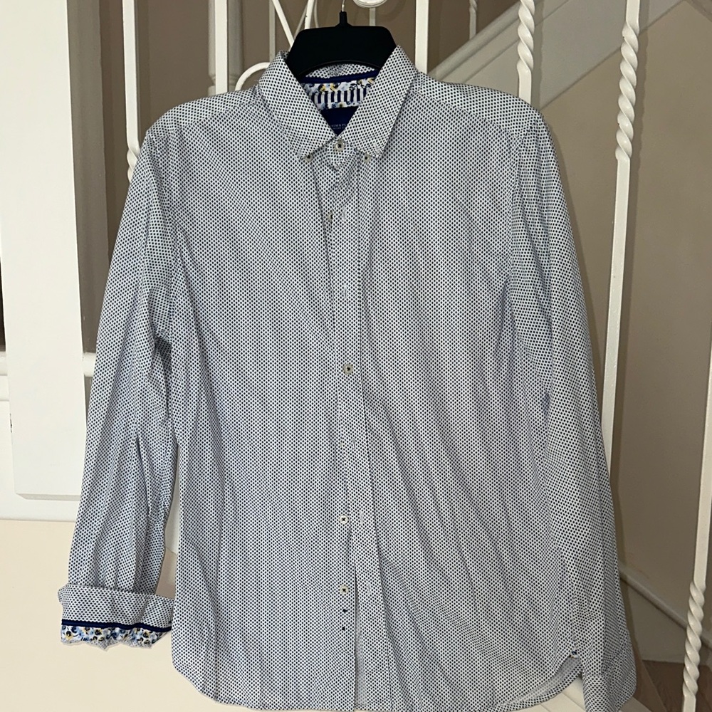 Denim & Flower Men's White Shirt with Navy Micro-Dot Pattern